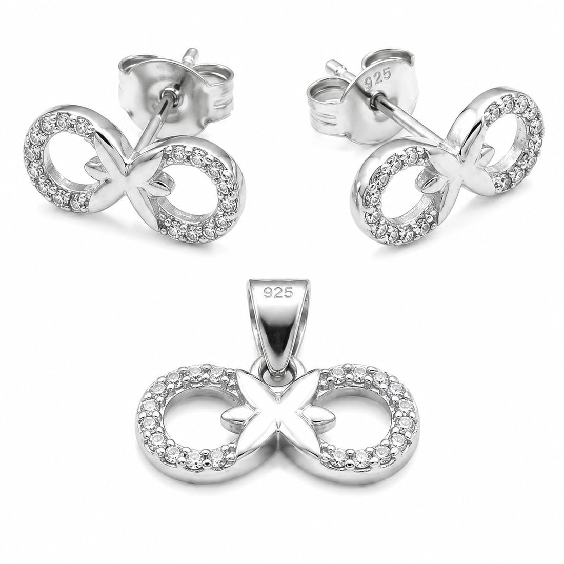 Silvme pure 925 sterling silver ribbon bow pendant and stud earrings set with cubic zirconia, front view on white background