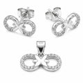 Silvme pure 925 sterling silver ribbon bow pendant and stud earrings set with cubic zirconia, front view on white background