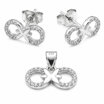 Silvme pure 925 sterling silver ribbon bow pendant and stud earrings set with cubic zirconia, front view on white background