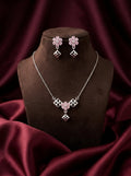 Silvme pure 925 sterling silver geometric pink pendant necklace and stud earrings set with pink cubic zirconia, detail sparkle close-up