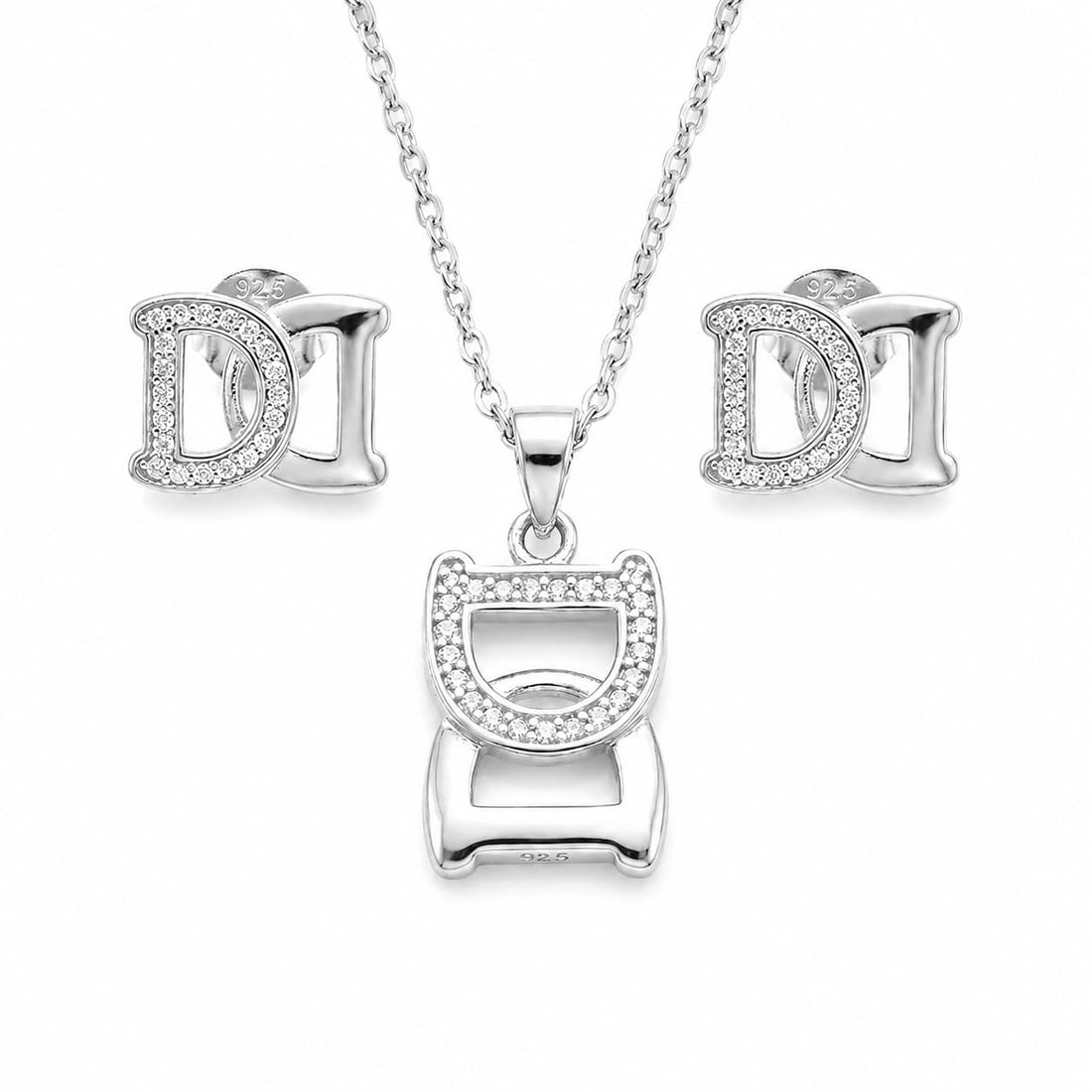Silvme pure 925 sterling silver initial d pendant necklace and stud earrings set with cubic zirconia, front view on white background