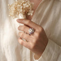 Silvme Pearlescent Leaf Bloom 925 sterling silver ring for women with a pearl-effect accent — worn on the finger