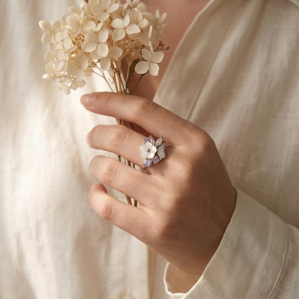 Silvme Pearlescent Leaf Bloom 925 sterling silver ring for women with a pearl-effect accent — worn on the finger