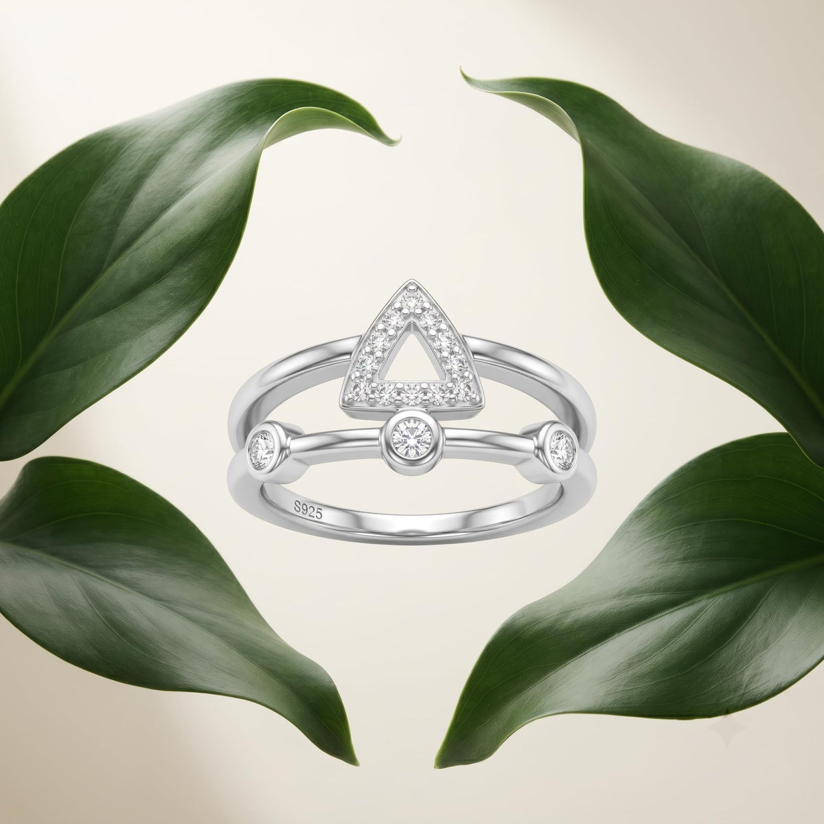 Silvme Geometric Triangle Bezel 925 sterling silver ring for women set with cubic zirconia — angled view