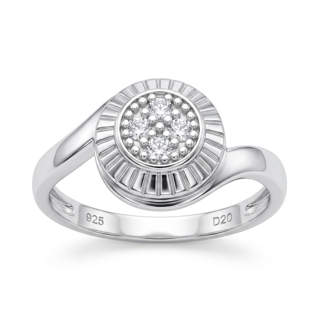 Silvme Sunburst Medallion Cluster 925 sterling silver ring for women set with cubic zirconia — front view on white background