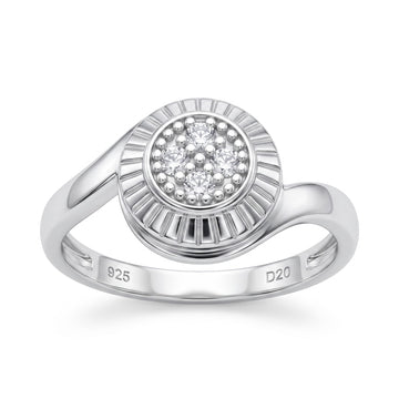 Silvme Sunburst Medallion Cluster 925 sterling silver ring for women set with cubic zirconia — front view on white background