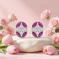 Pink Oval Floral Stone-Set Stud Earrings, additional product view 5