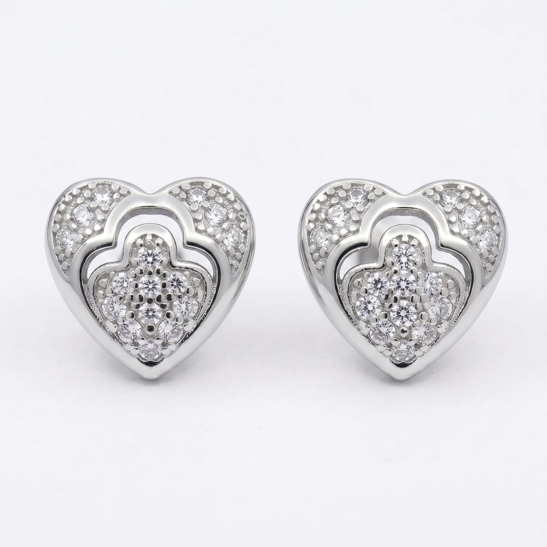 Double-Layered Heart Stone-Set Stud Earrings, front product view