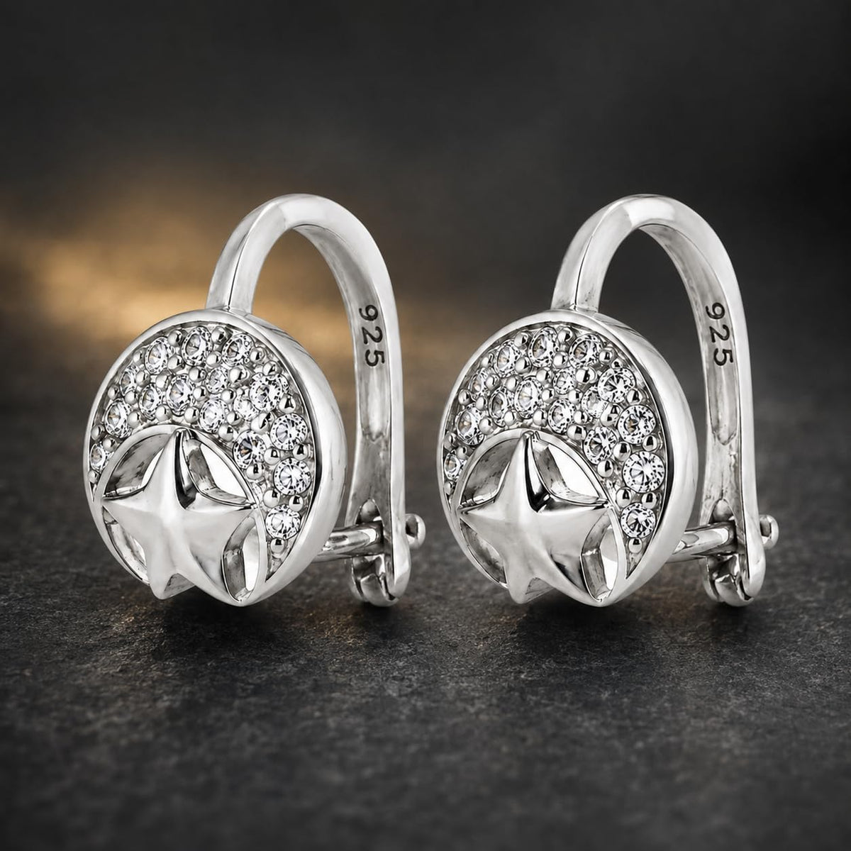 Silvme Moon & Star Drop Earrings with CZ design detail - silver with clear CZ 925 sterling silver drop earrings with cubic zirconia (CZ)