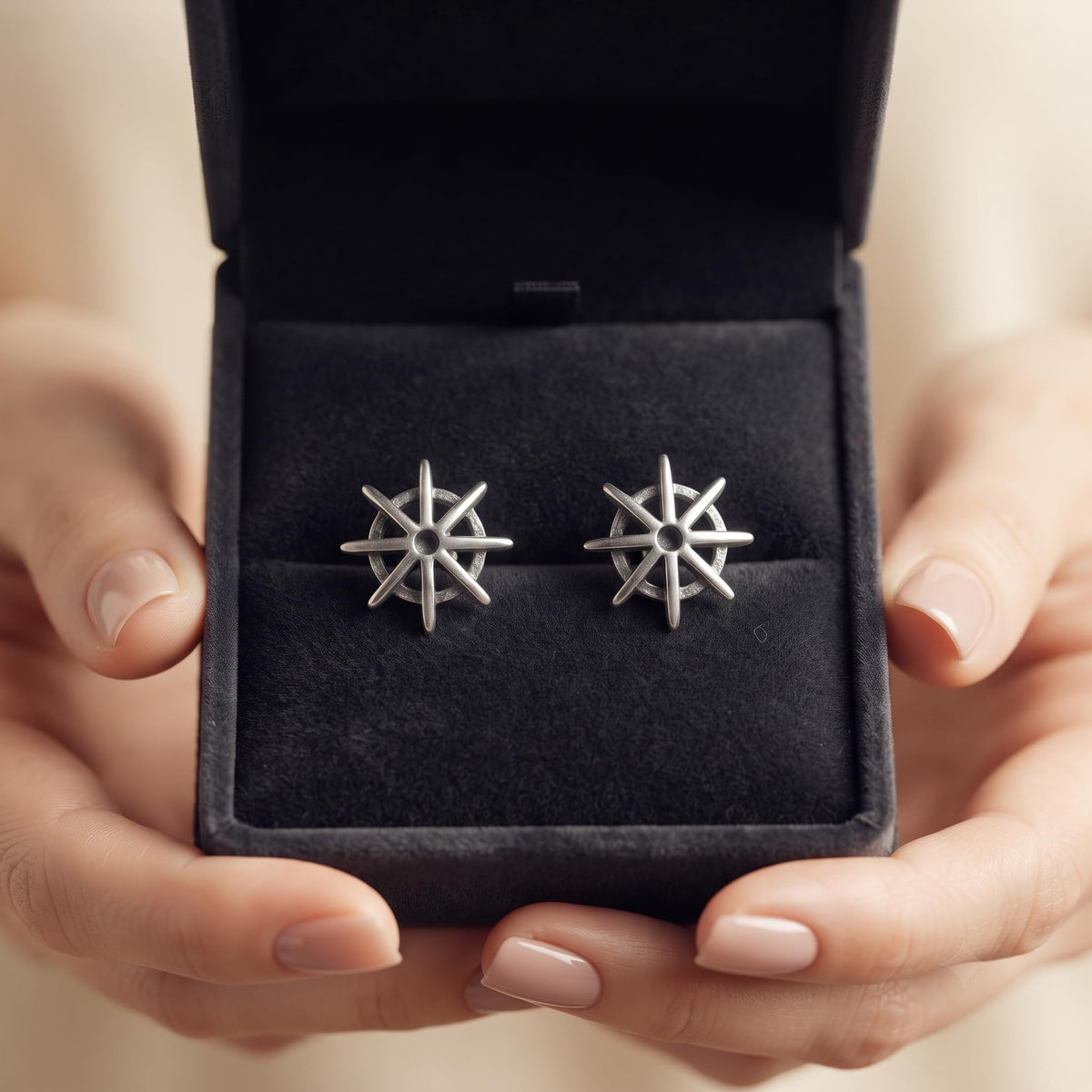 Compass Star 925 silver stud earrings for women, gift for sister, alternate angle