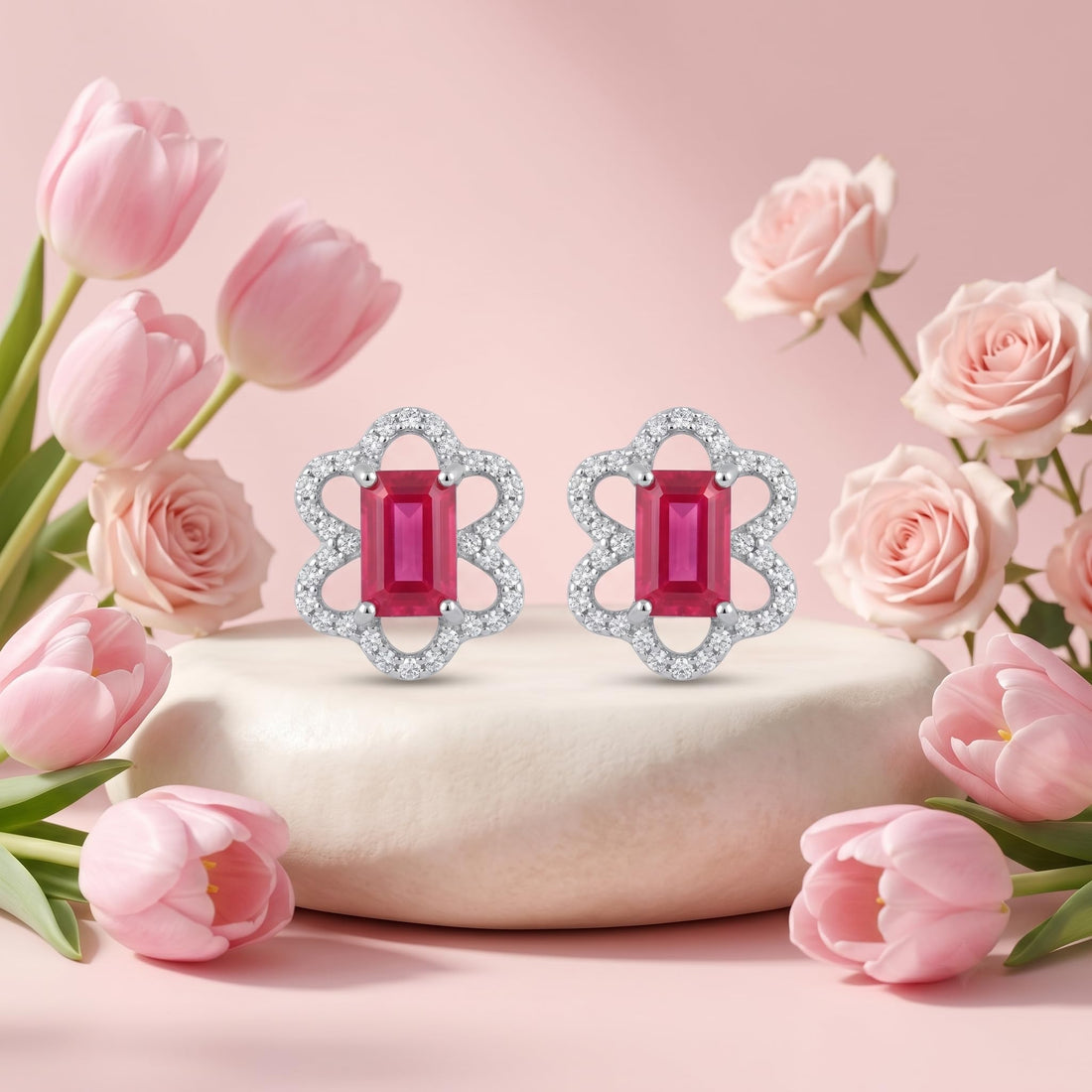 Pink Baguette Floral-Frame Stud Earrings, front product view