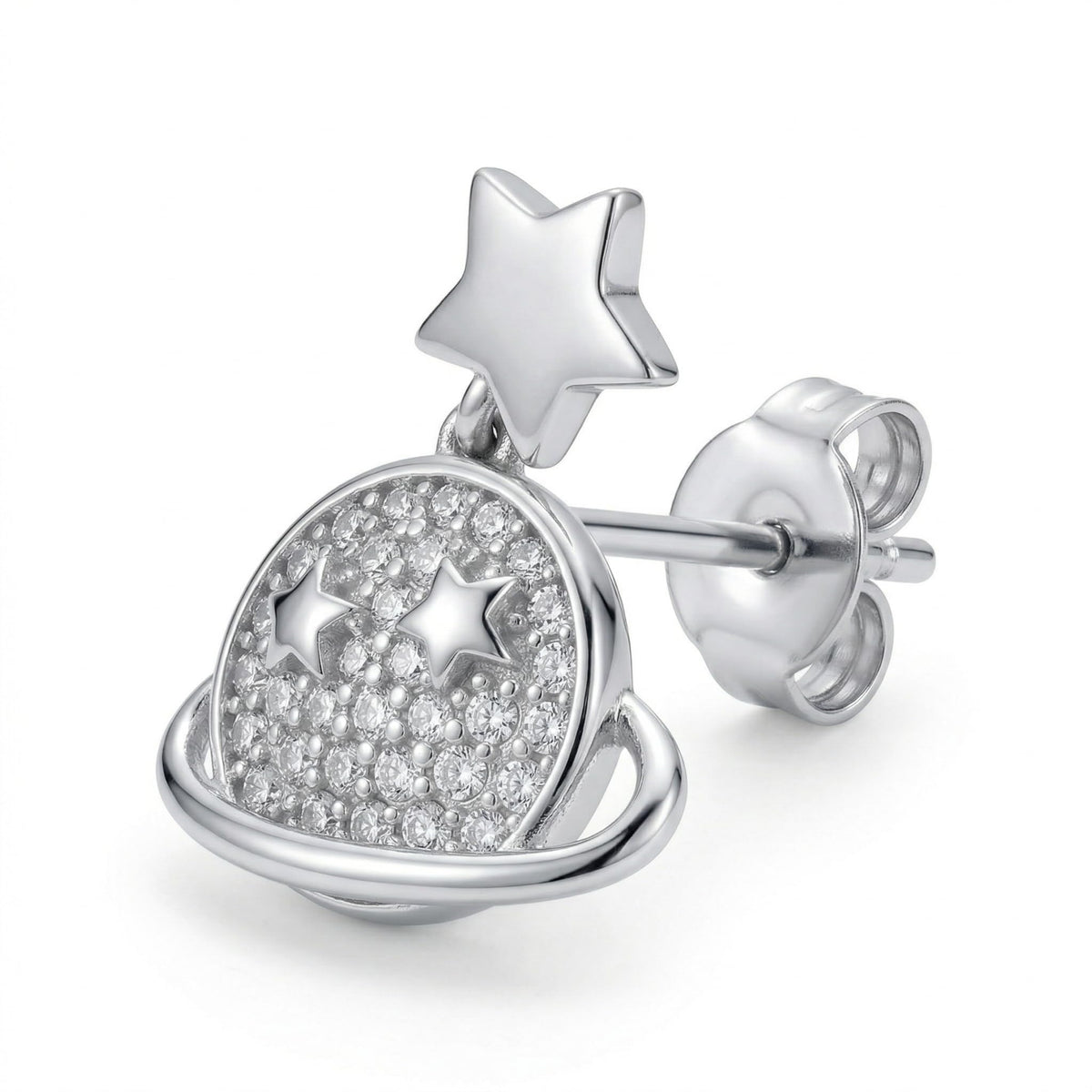 Planet & Star Drop Earrings with Stone-Set, close-up detail