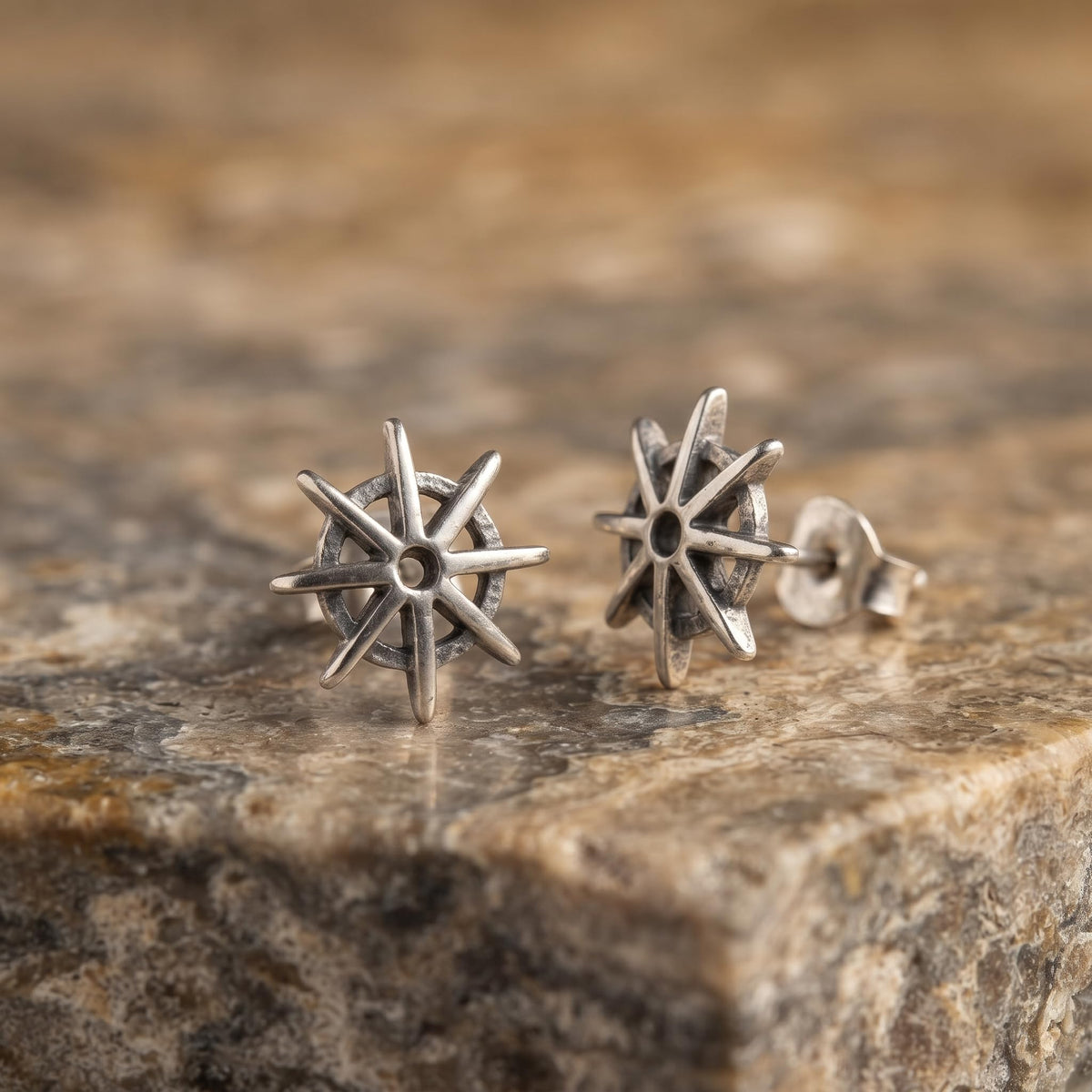 Compass Star 925 silver stud earrings for women, office wear, further studio view