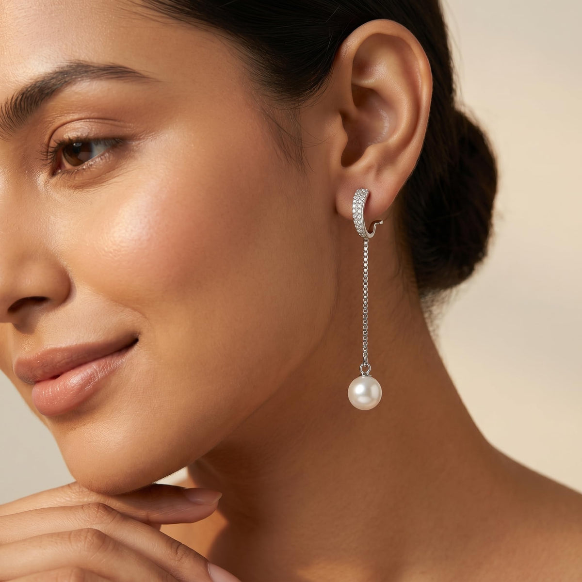 Green-Accent Curved Pearl-Look Accent Drop Earrings, close-up detail