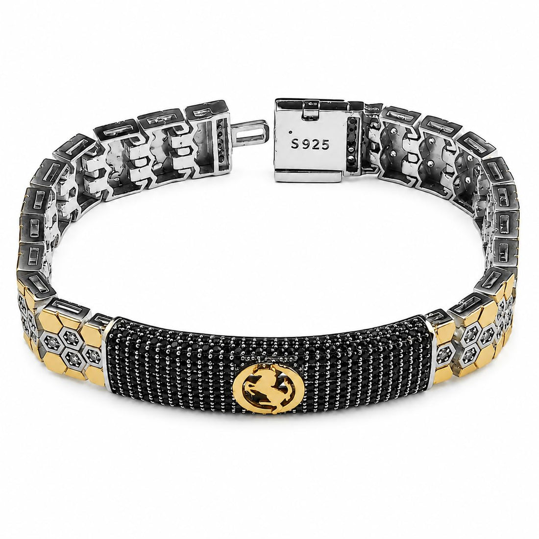 Silvme 925 sterling silver black pave panel statement bracelet for men curved on a white background