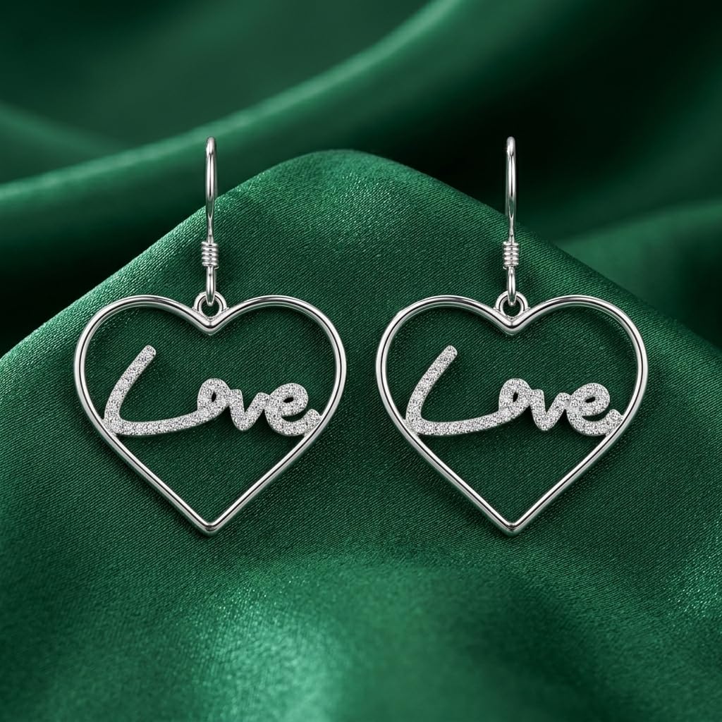Love Script Heart Drop Earrings, alternate angle