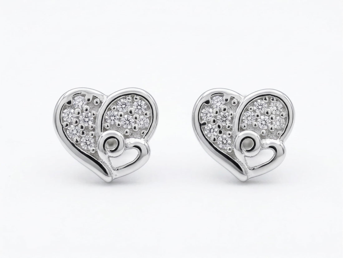Entwined Double-Heart Stone-Set Stud Earrings, front product view