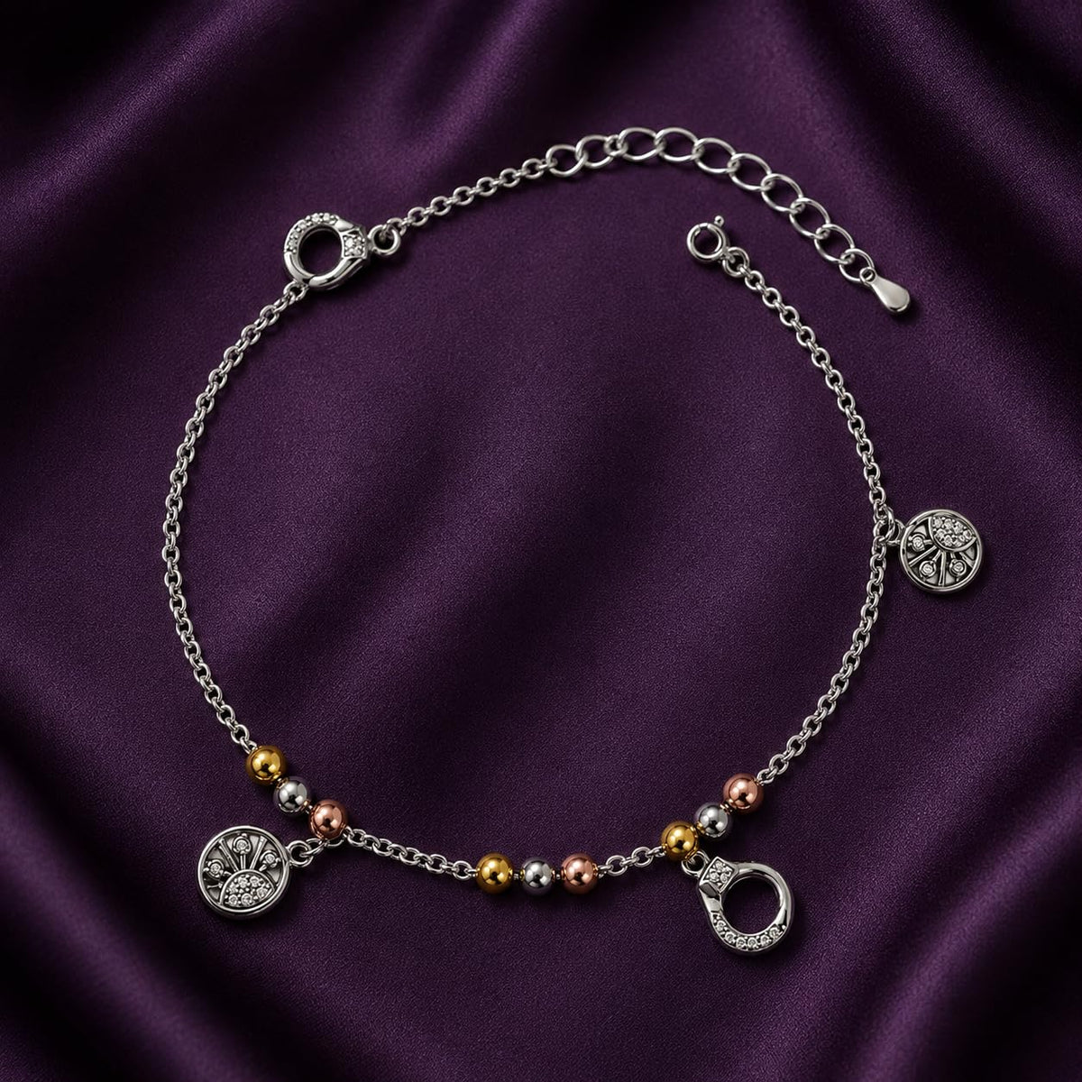 Silvme tree of life tri-tone charm 925 silver anklet with tri-tone tree-of-life discs and a CZ charm, full-length view