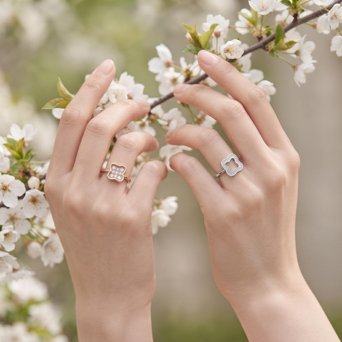 Silvme Flower Stack with cubic zirconia 925 sterling silver floral ring for women, two-tone rose gold and silver, gift for wife, gift for girlfriend, gift box packaging view