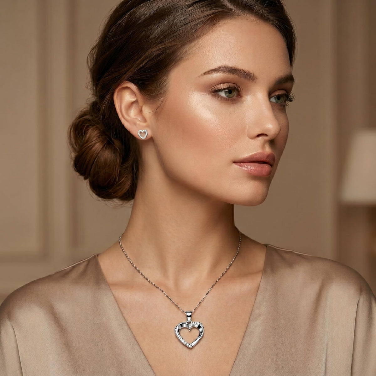 Silvme pure 925 sterling silver dainty heart pendant and stud earrings set with cubic zirconia, gift styling view