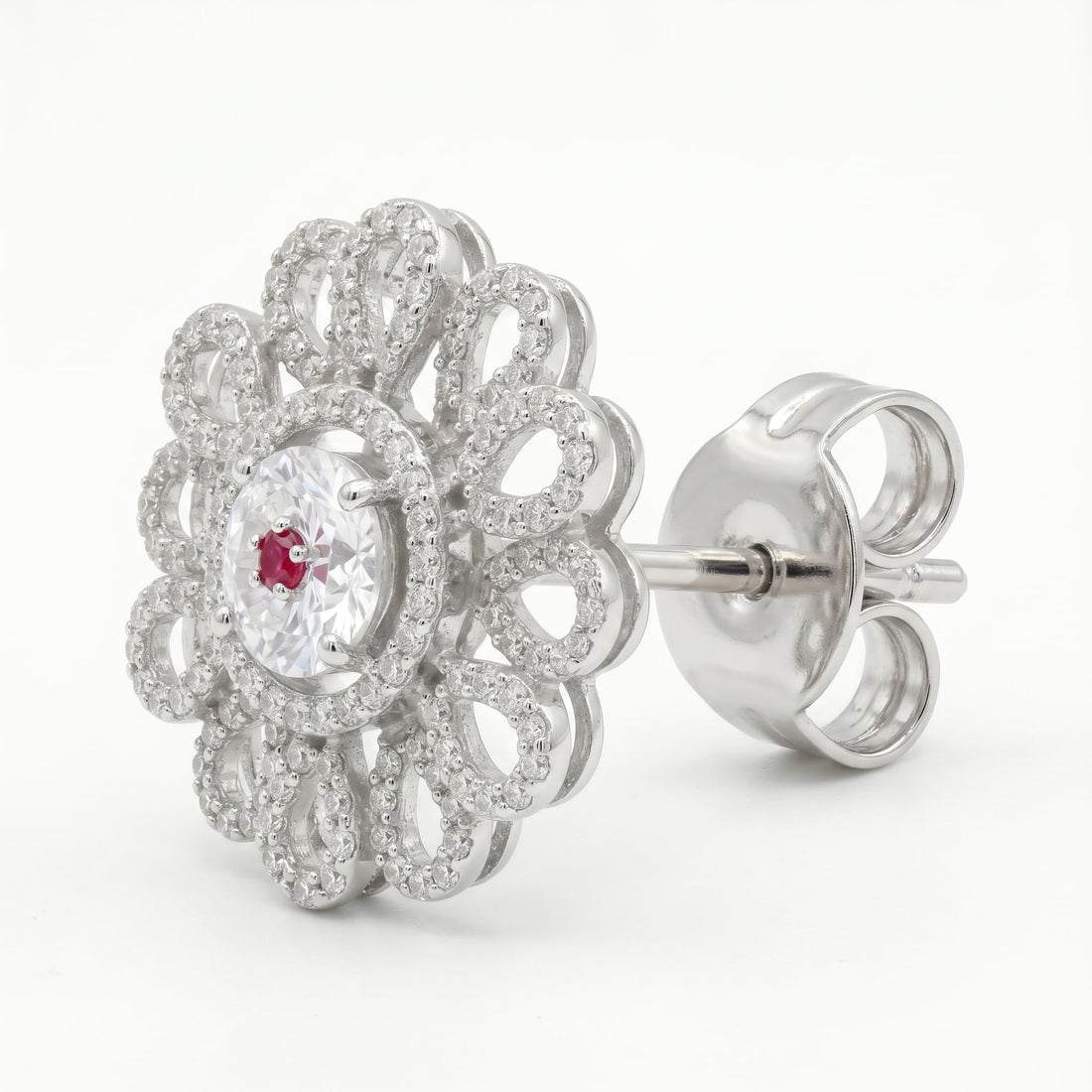Petal Lattice Stone-Set Stud Earrings with Red Accent, front product view