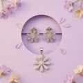 Silvme 925 silver floral flower pendant and stud earrings with cubic zirconia, styled lifestyle image