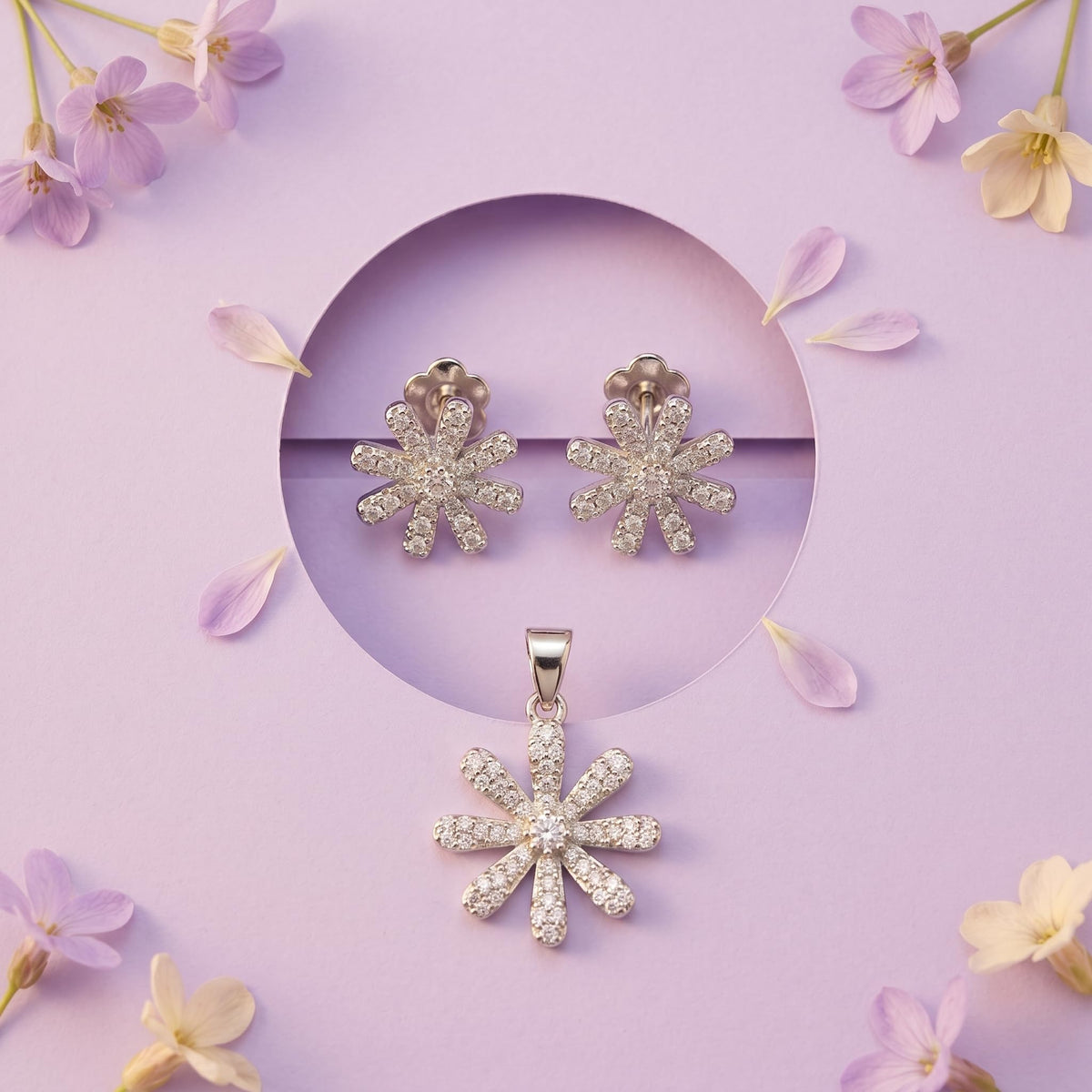 Silvme 925 silver floral flower pendant and stud earrings with cubic zirconia, styled lifestyle image