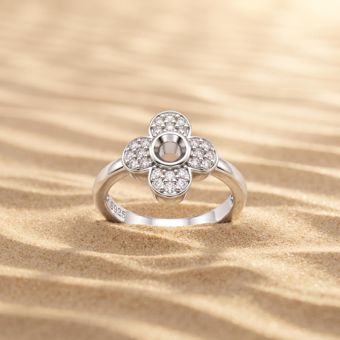 Silvme Four-Petal Pavé Flower 925 sterling silver ring for women set with cubic zirconia — front view on white background