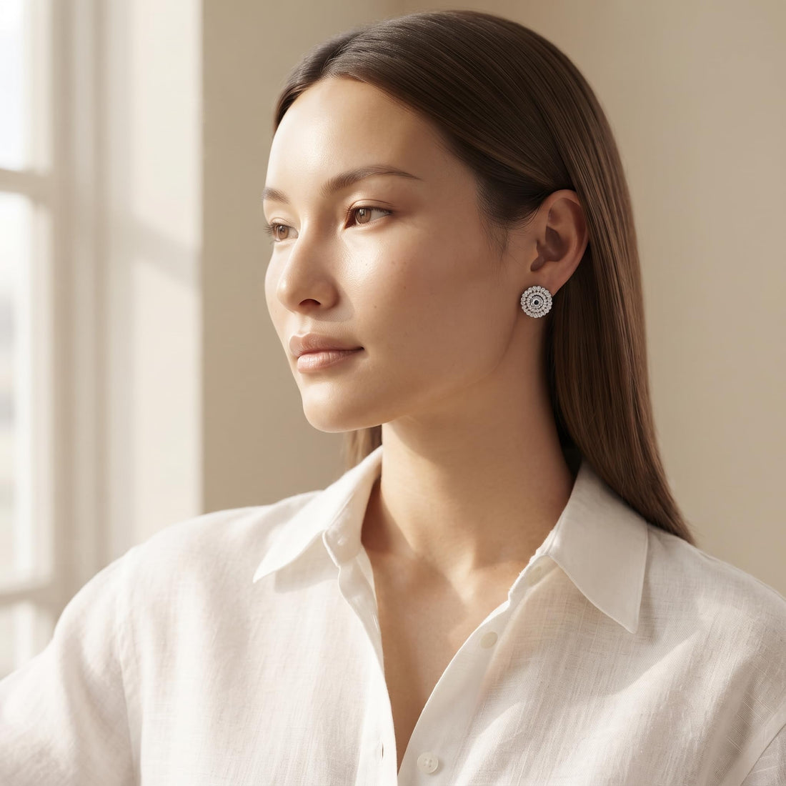 Halo Disc with Black Centre 925 silver stud earrings for women, gift for sister, shown as a matching pair