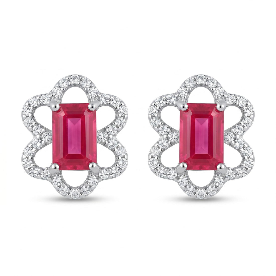 Pink Baguette Floral-Frame Stud Earrings, front product view