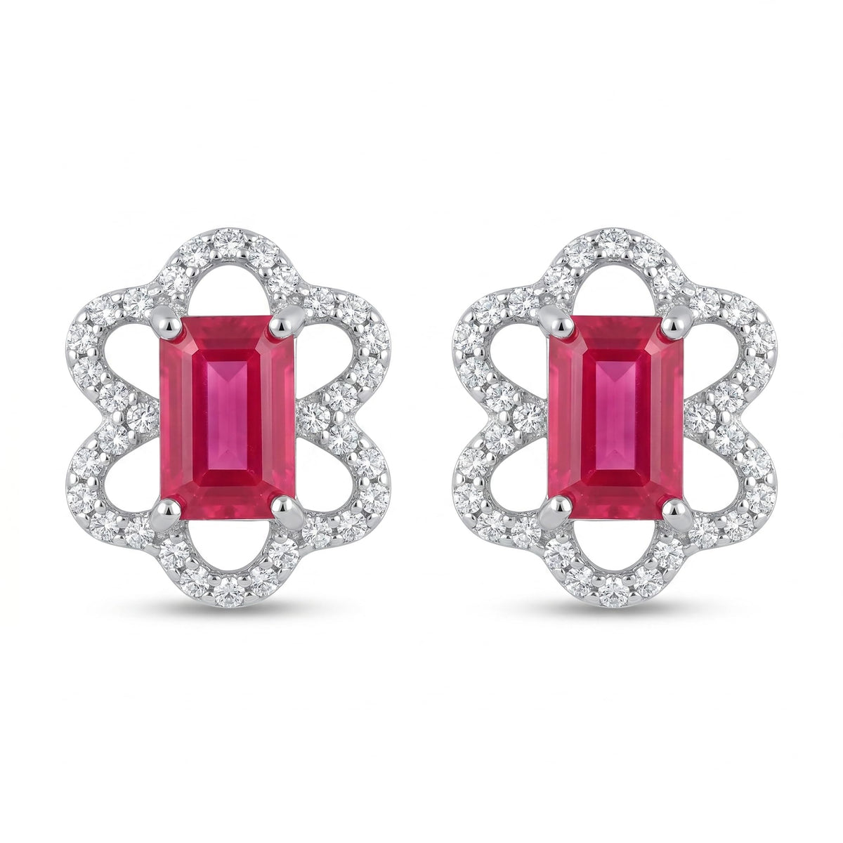 Pink Baguette Floral-Frame Stud Earrings, front product view
