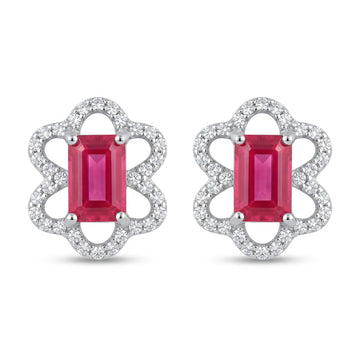 Pink Baguette Floral-Frame Stud Earrings, front product view