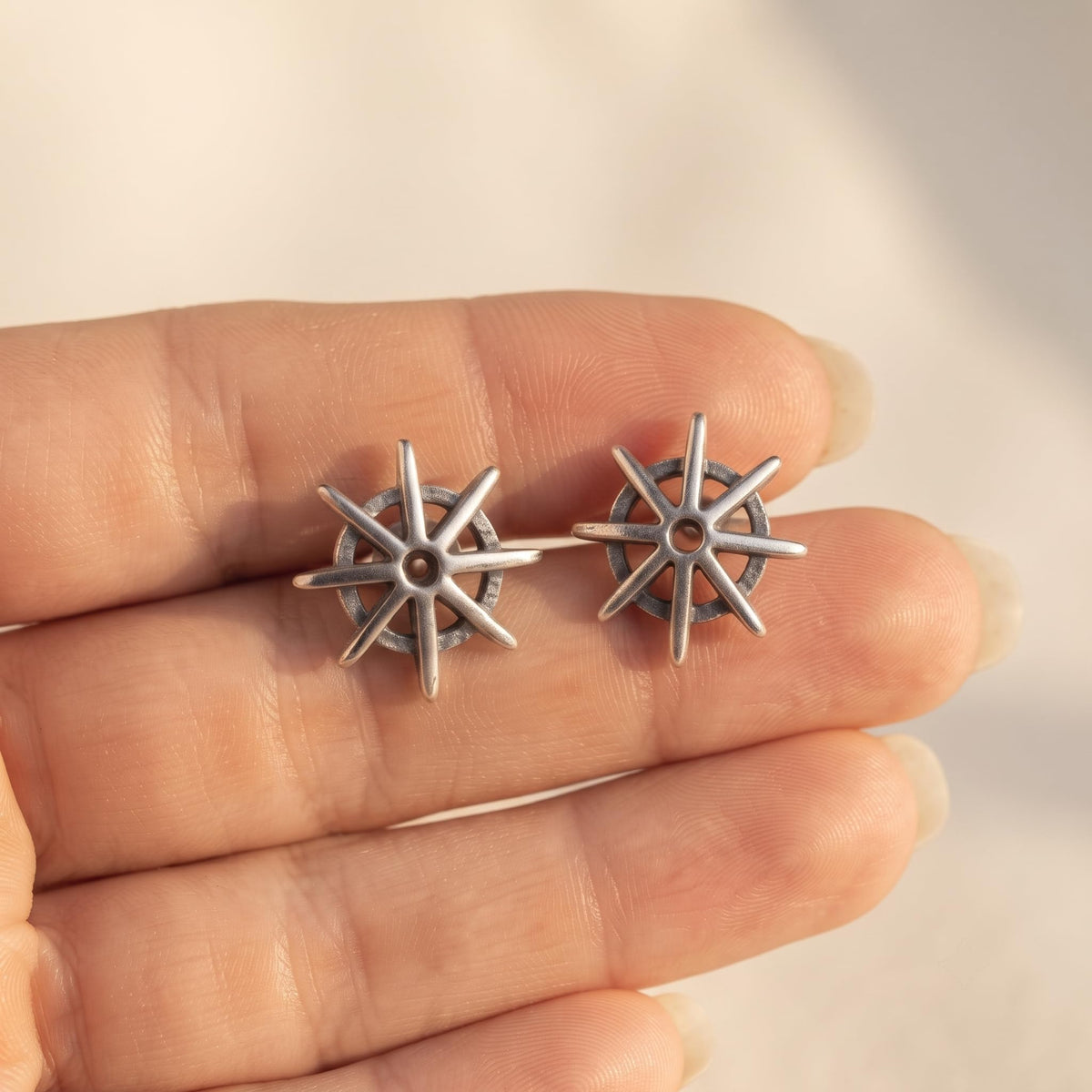 Compass Star 925 silver stud earrings for women, daily wear, three-quarter view