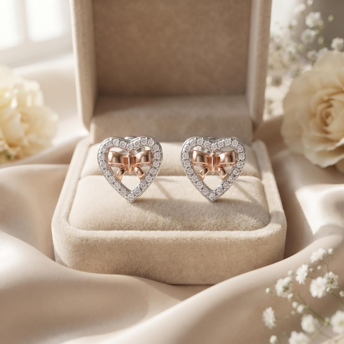 Heart & Bow 925 silver stud earrings for women, anniversary gift, shown as a matching pair