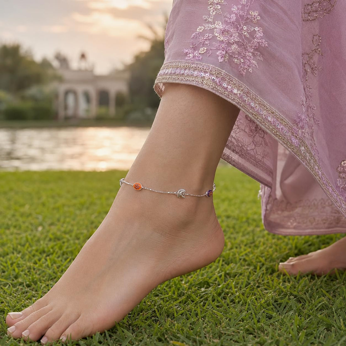 Silvme 925 Sterling Silver Orange & Purple Floral Bead Anklet for Women & Girls