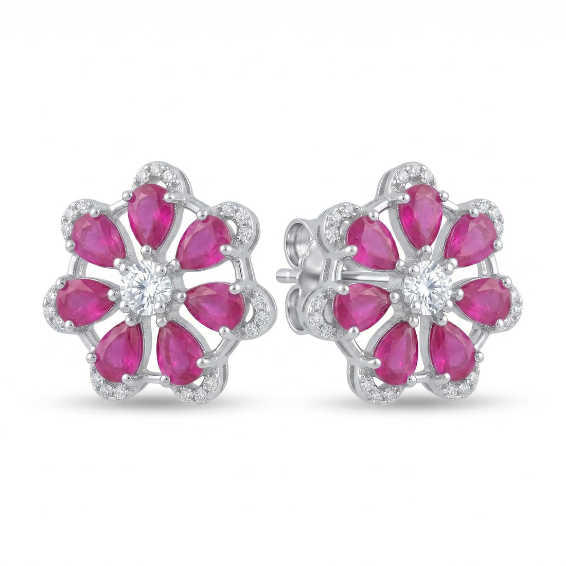 Pink-Centre Five-Petal Floral Stud Earrings, front product view