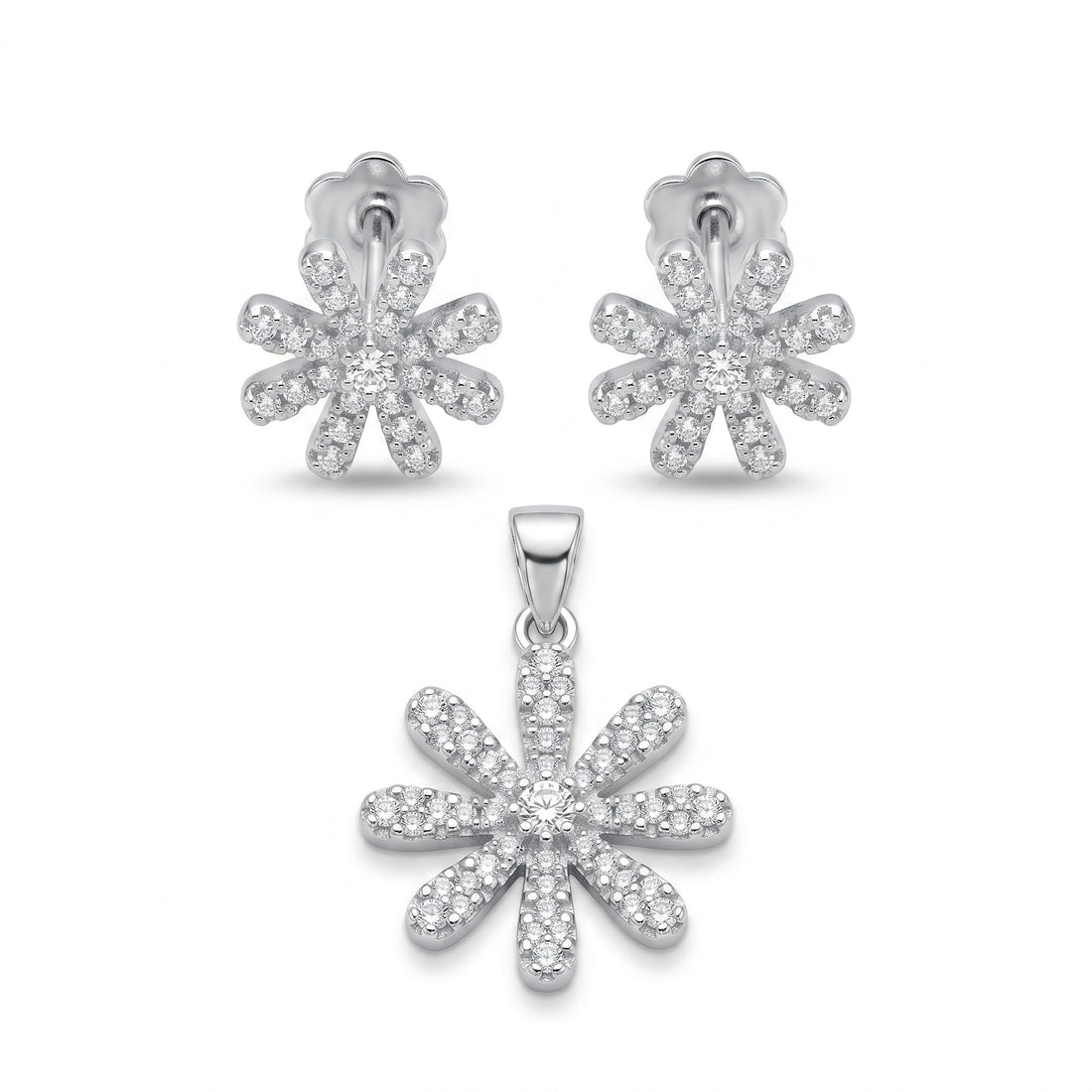 Silvme pure 925 sterling silver floral flower pendant and stud earrings set with cubic zirconia, front view on white background