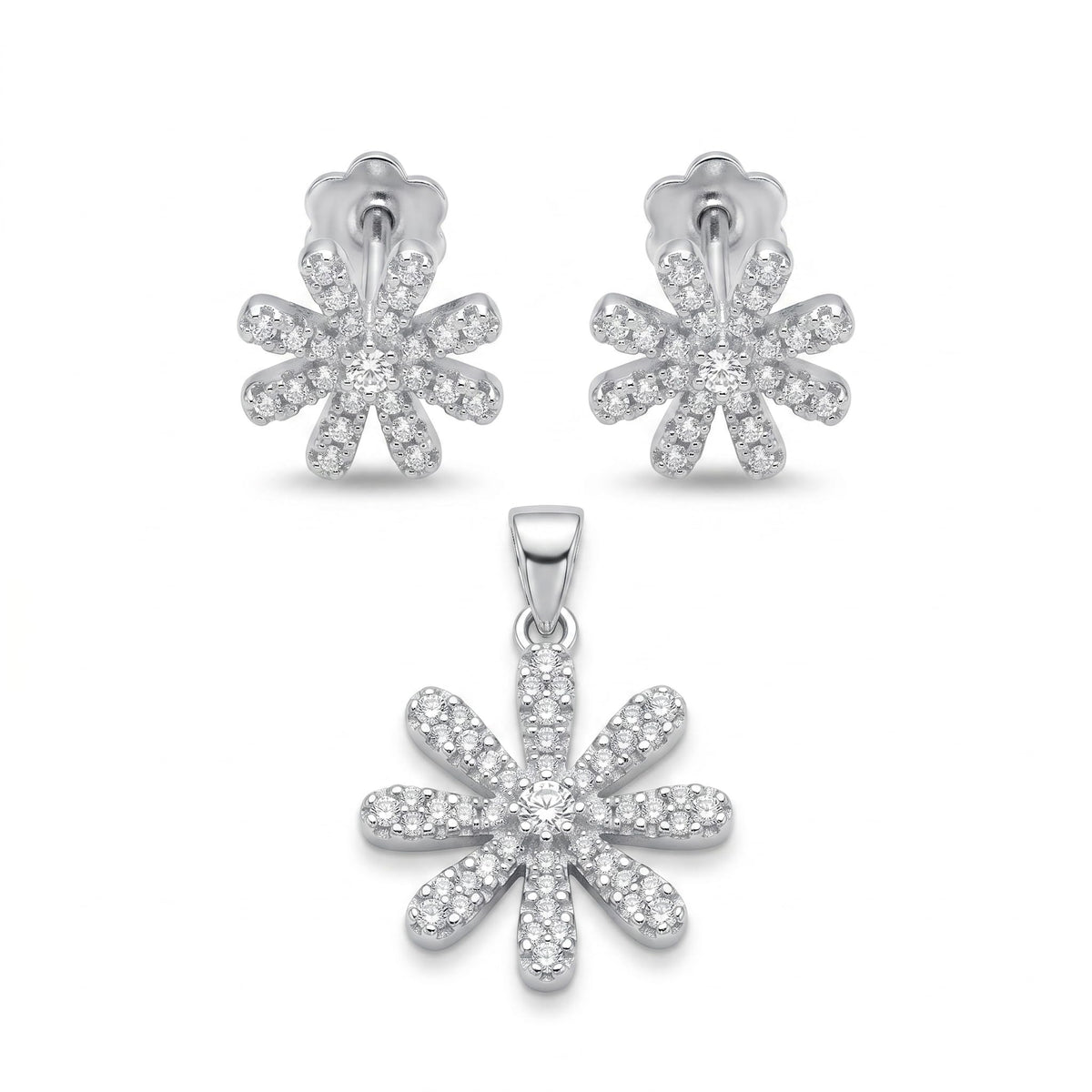 Silvme pure 925 sterling silver floral flower pendant and stud earrings set with cubic zirconia, front view on white background