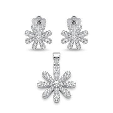 Silvme pure 925 sterling silver floral flower pendant and stud earrings set with cubic zirconia, front view on white background