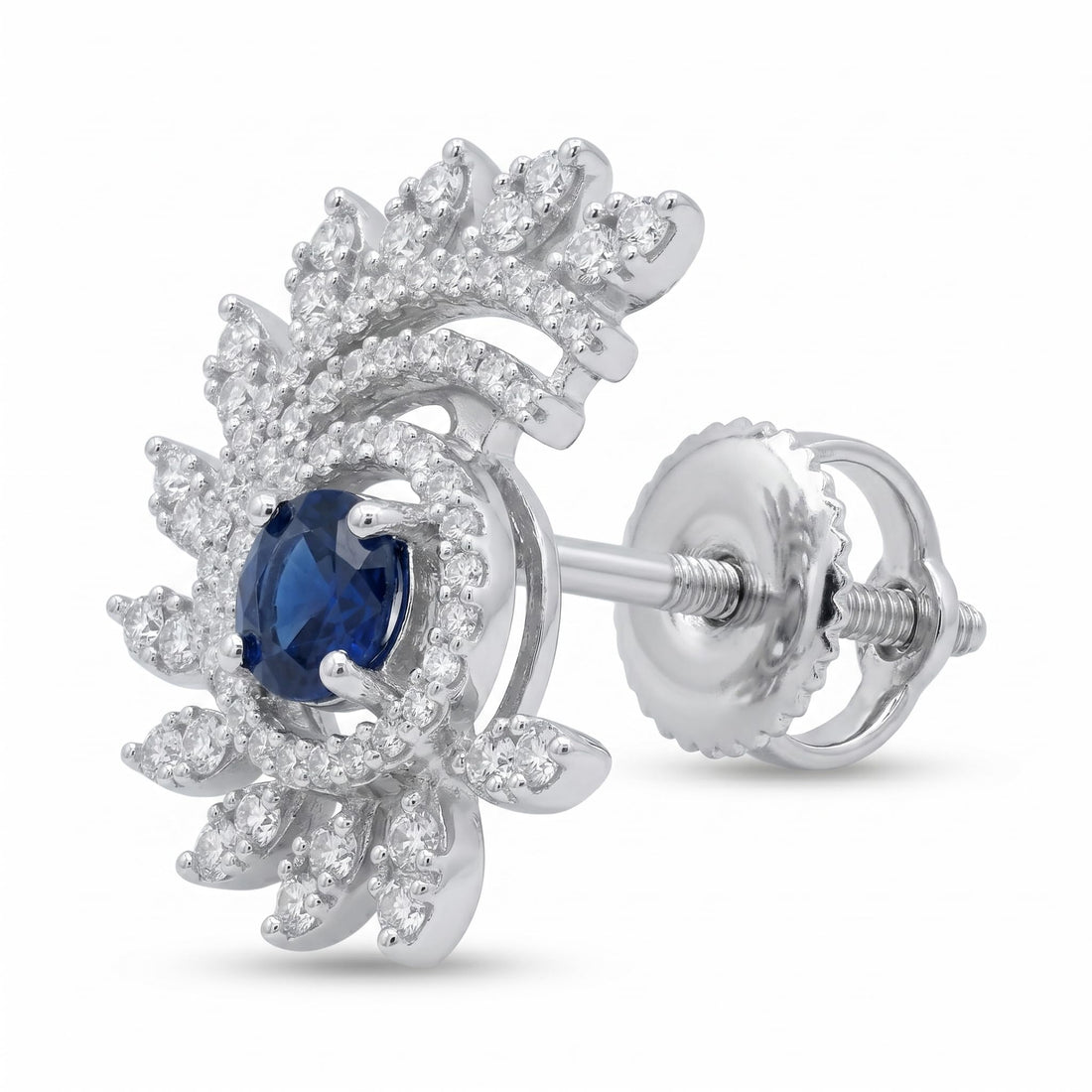 Blue Stone-Set Halo Feather-Leaf Stud Earrings, front product view