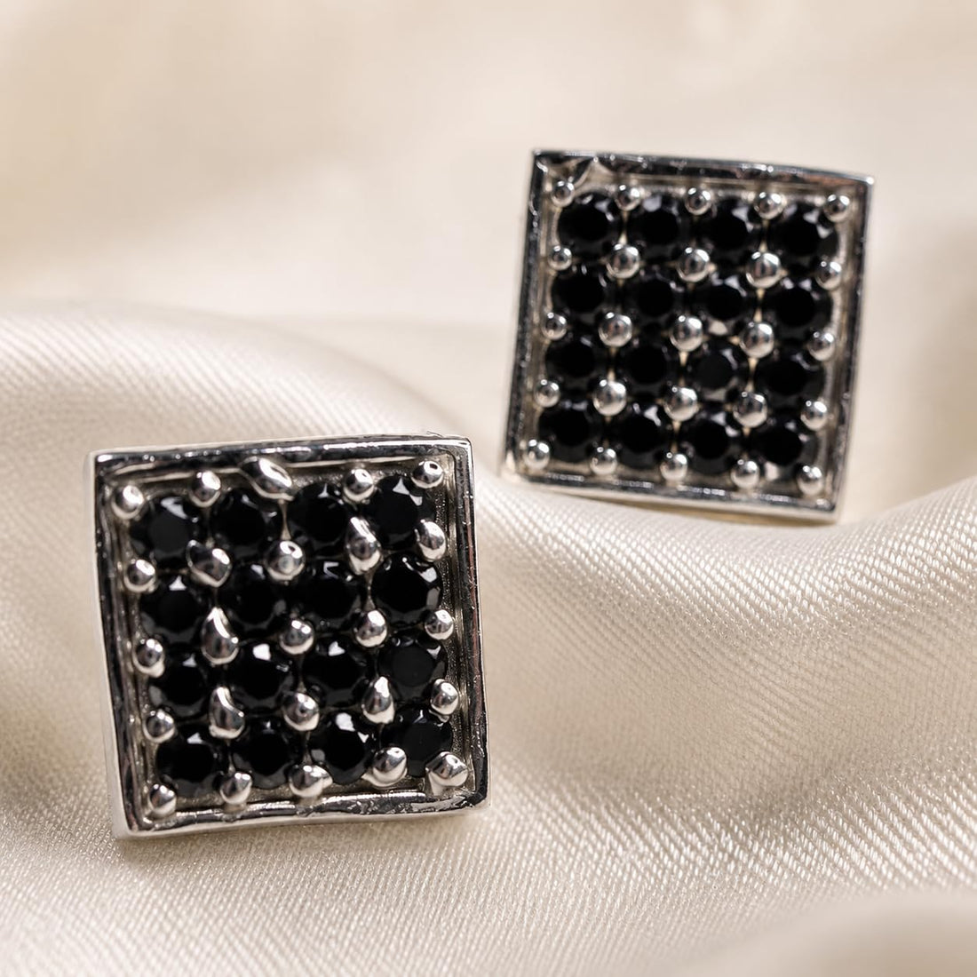 Square Black-Stone 925 silver stud earrings for women, college wear, styled composition