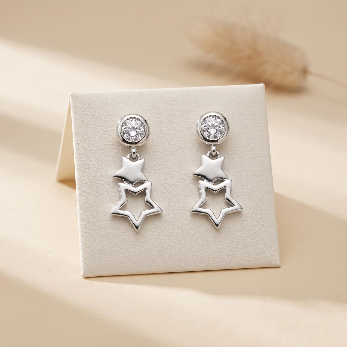 Double Star Drop 925 silver drop stud earrings for women, party wear, side angle view