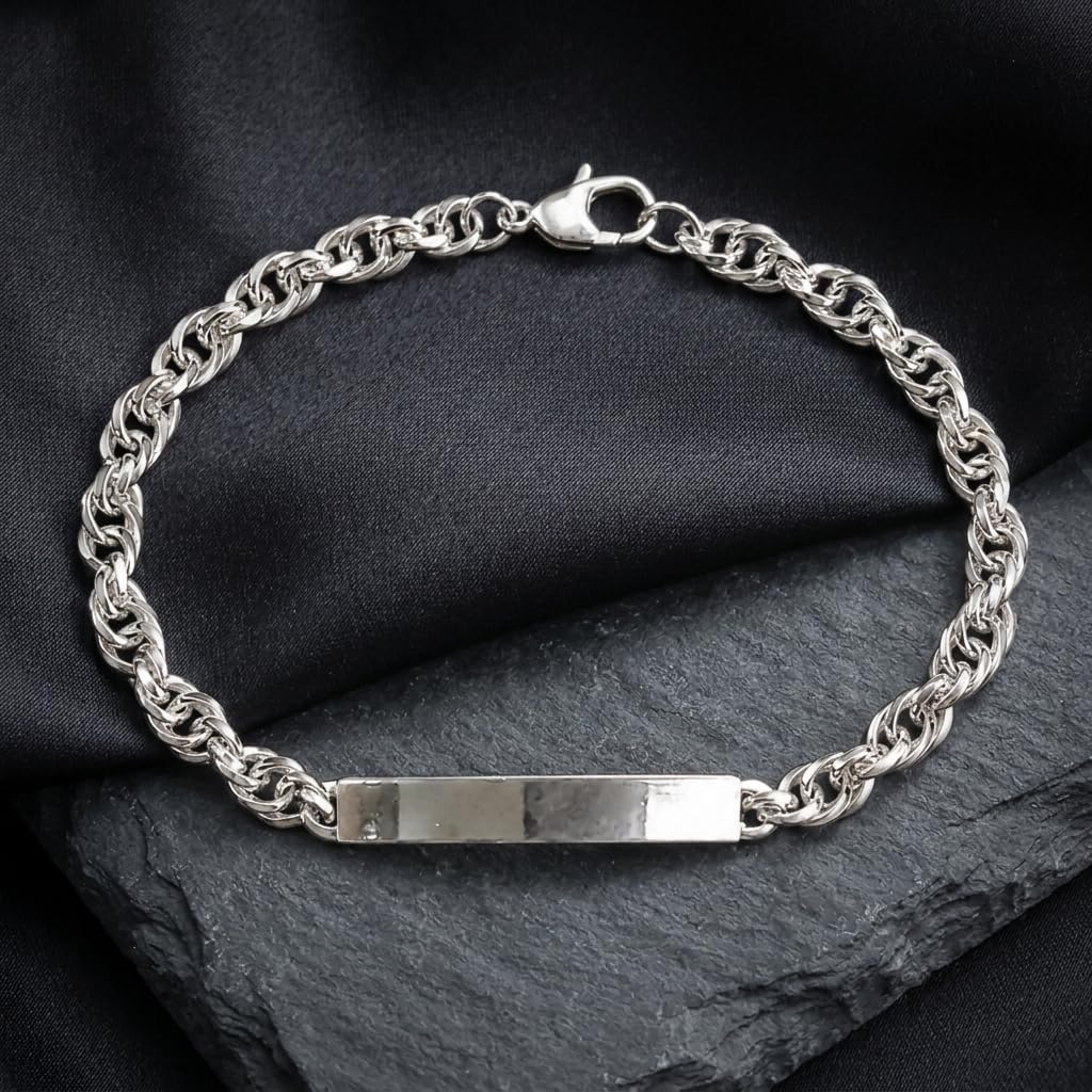 Close-up of a slim engraveable-style plate set into a fine twisted rope chain on the Silvme rope chain id bracelet