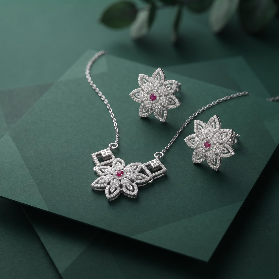Sparkling Cubic Zirconia 925 sterling silver pendant necklace and stud earrings jewellery set with cubic zirconia by Silvme â€” full necklace and earrings view