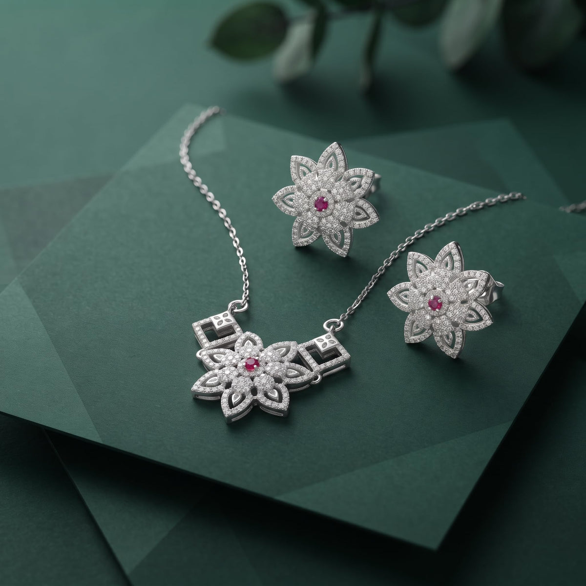 Sparkling Cubic Zirconia 925 sterling silver pendant necklace and stud earrings jewellery set with cubic zirconia by Silvme â€” full necklace and earrings view
