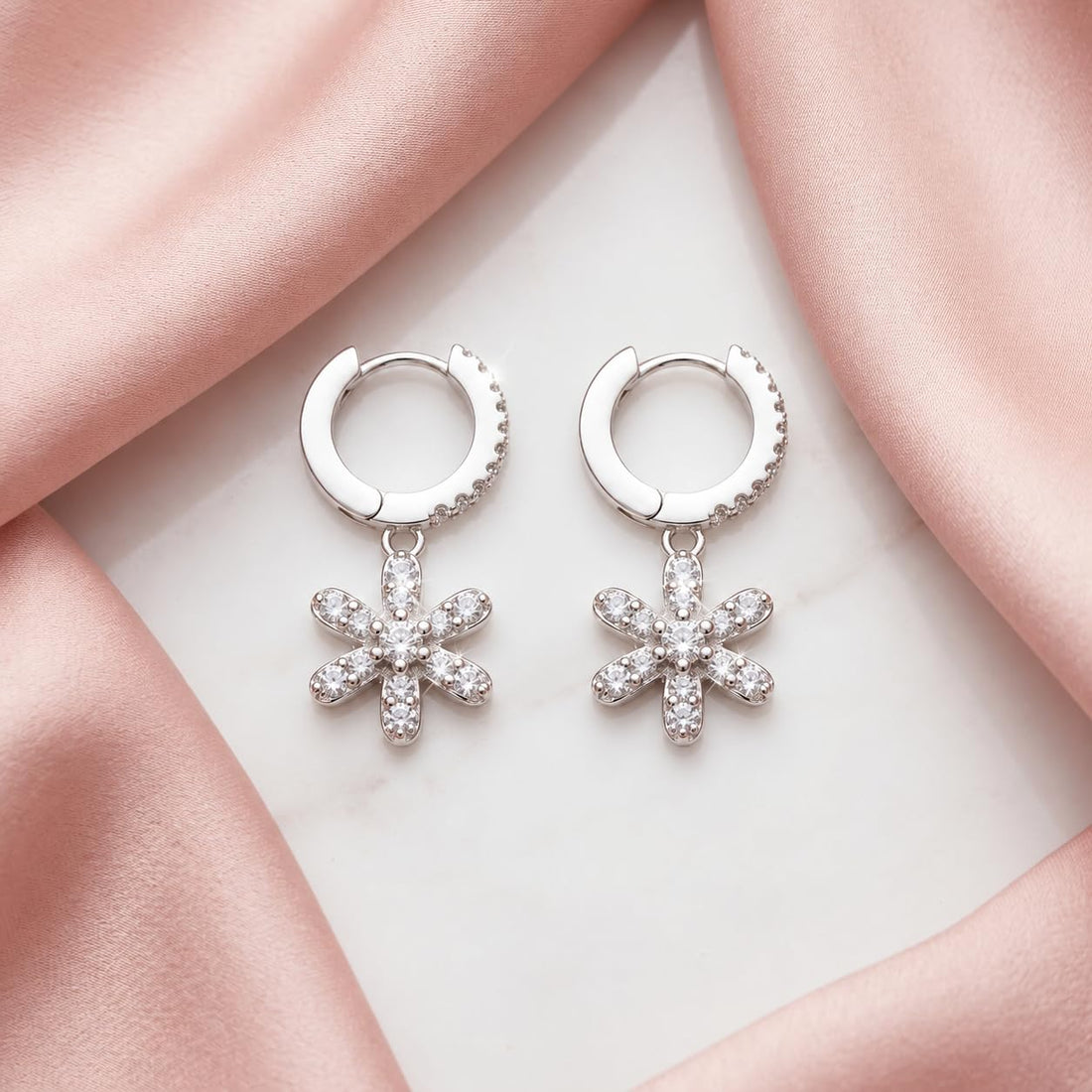 Silvme 925 Sterling Silver CZ Daisy Drop Earrings for women - white-background product photo of silver drop earrings