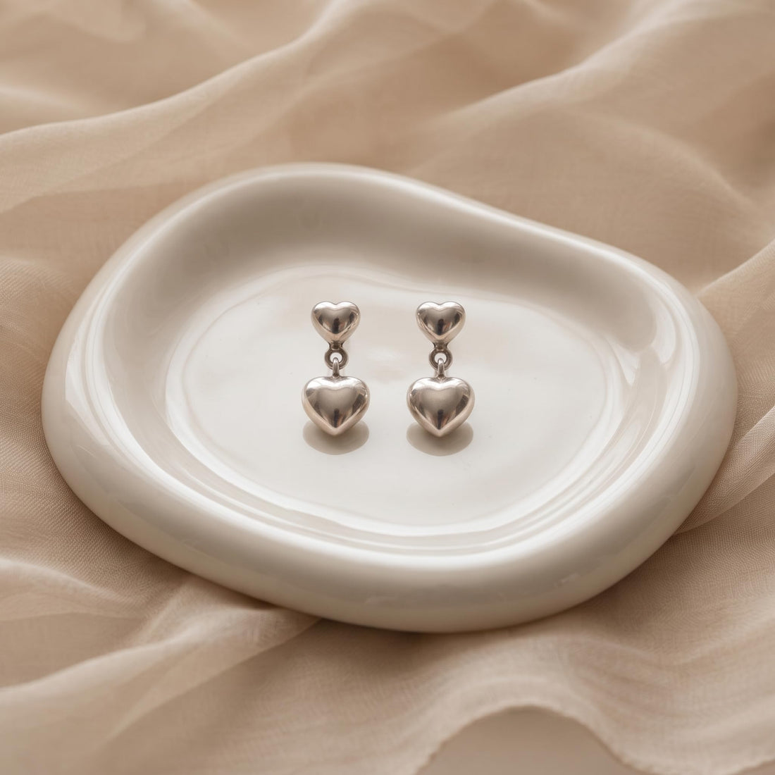 Double Puffed Heart Drop 925 silver drop stud earrings for women, gift for sister, shown as a matching pair