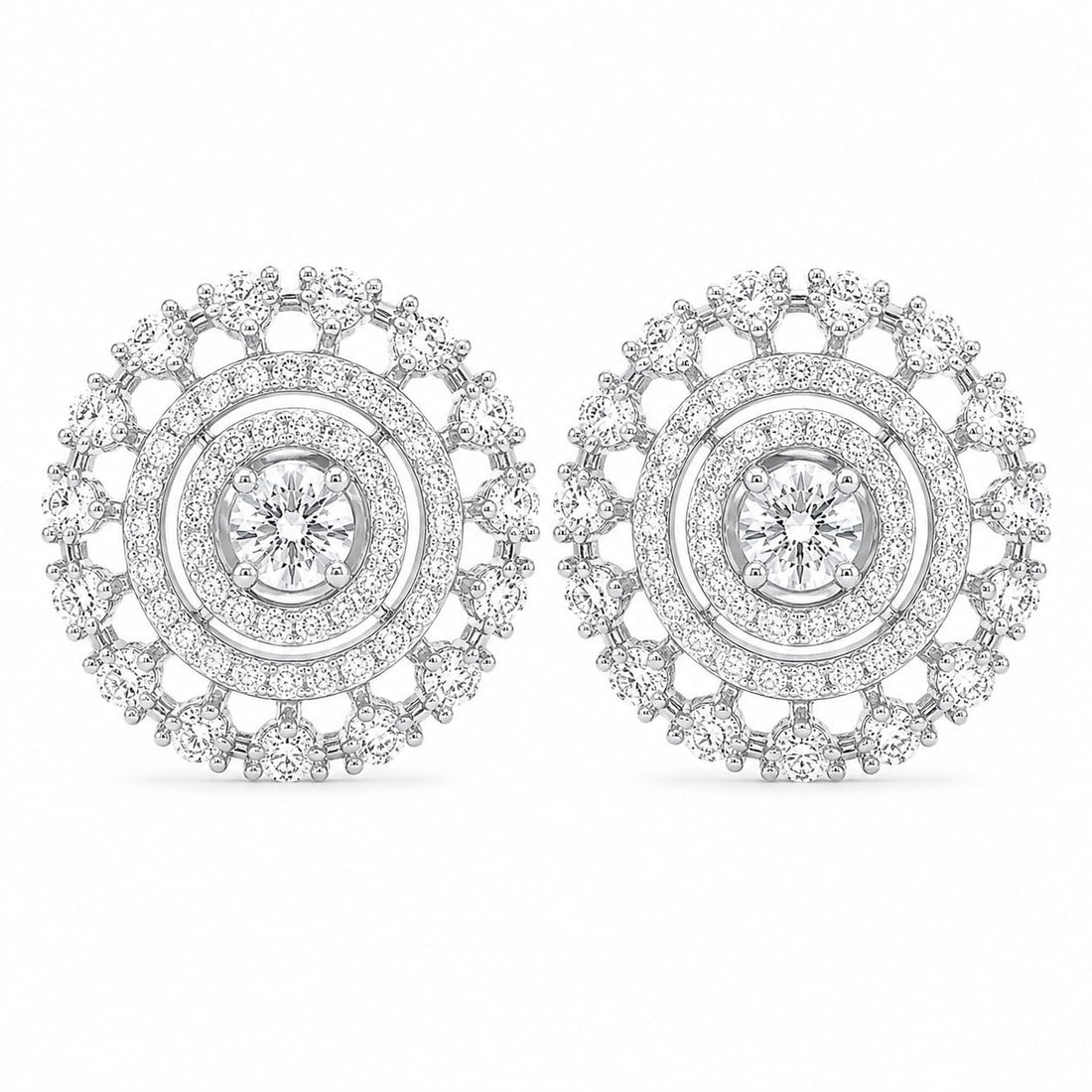 Round Double-Halo Stone-Set Stud Earrings, front product view