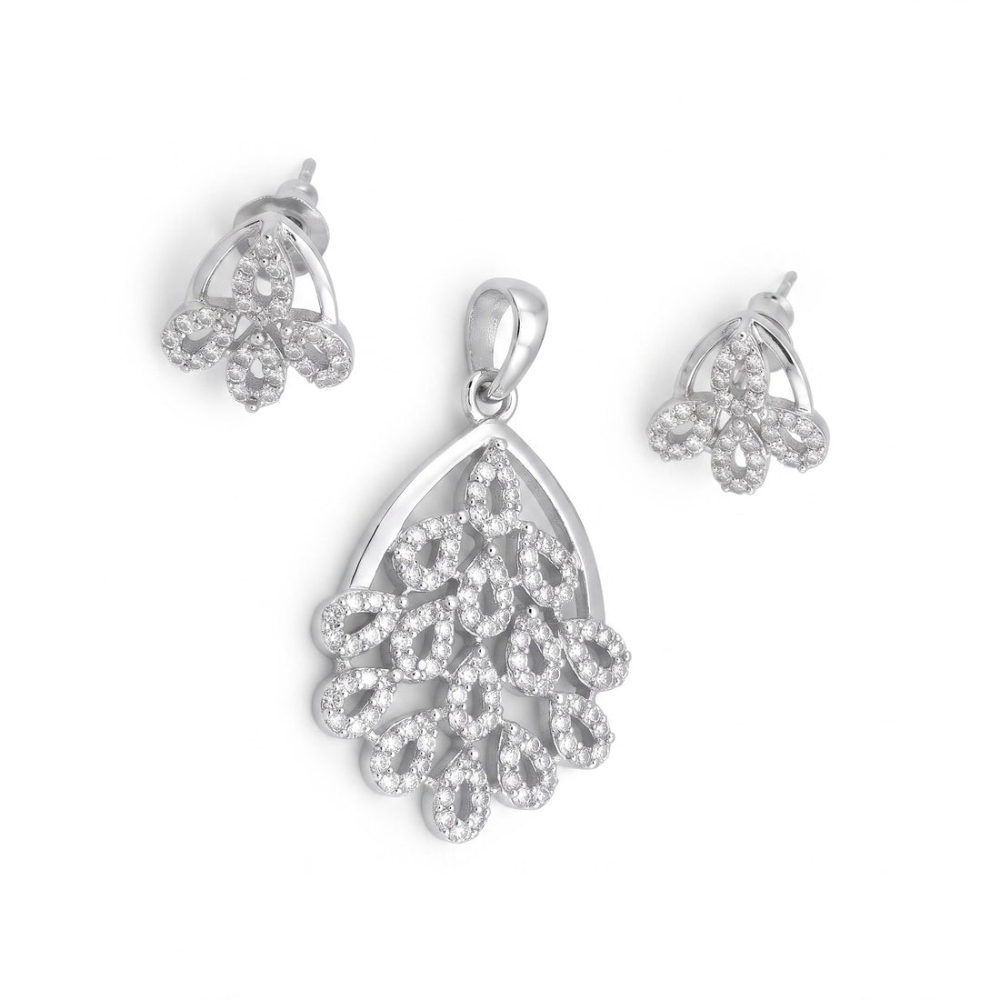 Silvme 925 silver sparkling cubic zirconia pendant and stud earrings with cubic zirconia, model styling view