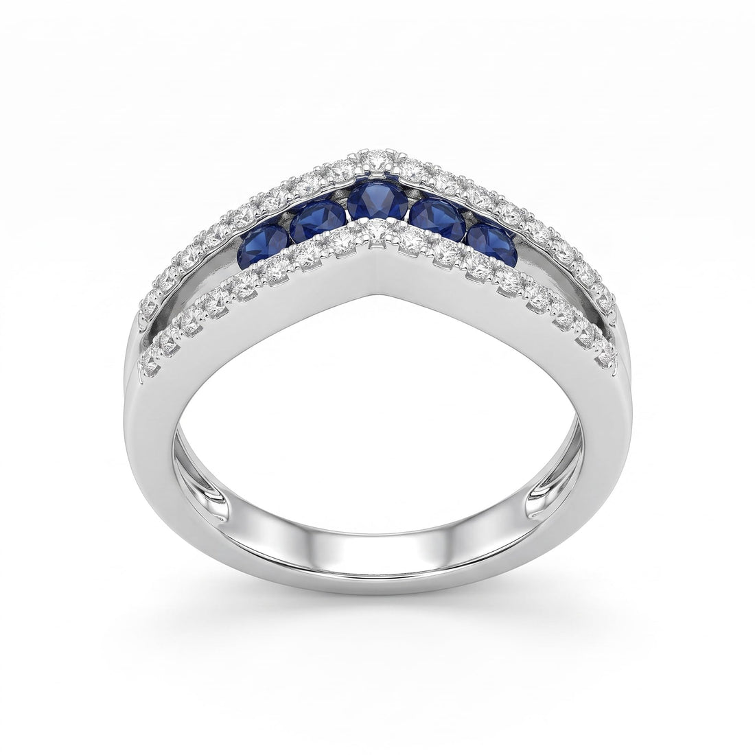 Silvme Blue Chevron Crown 925 sterling silver ring for women set with cubic zirconia — front view on white background